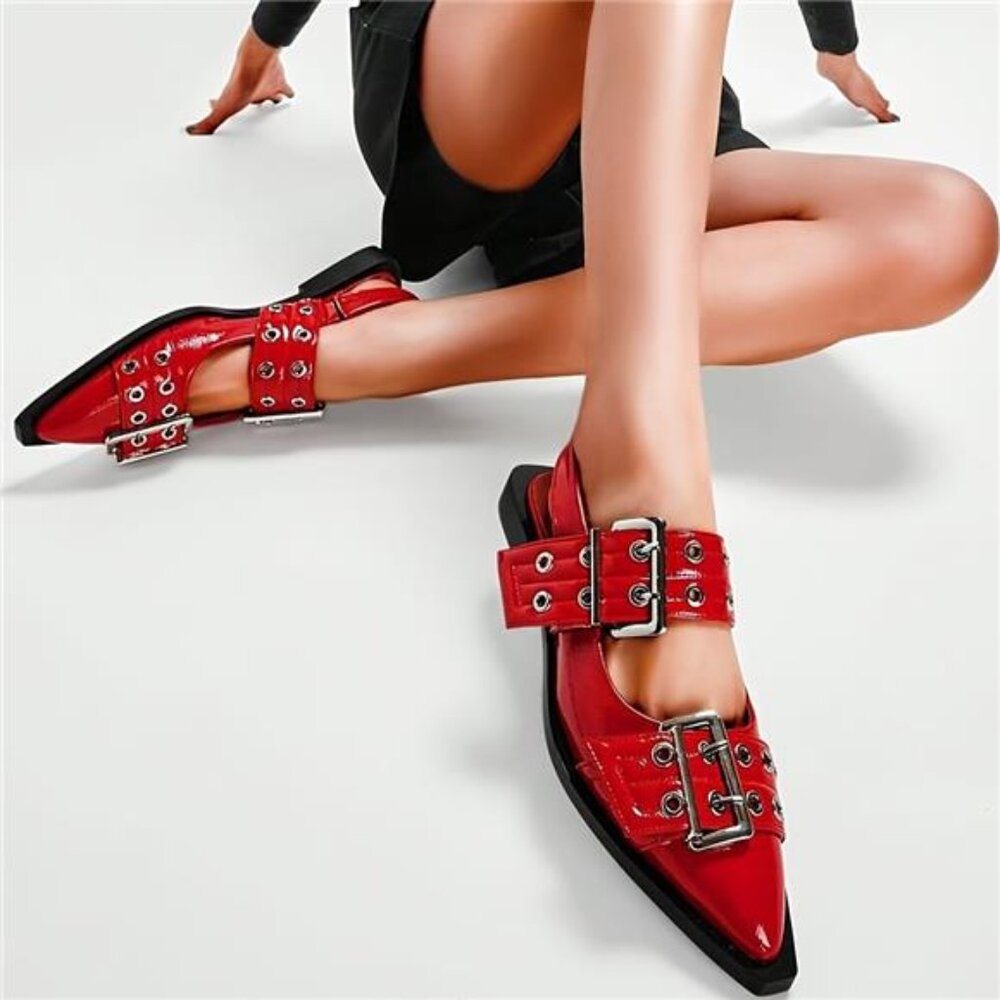 NEW - Stylish Women'S Pointed Toe‎ Buckle Back Strap Block Heels Ballet Flats